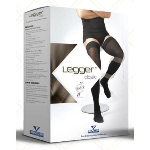 LEGGER CLASSIC Bas cuisse médical de contention autofix, classe 2, bizone, pour homme, beige chiné, normal, taille 2, paire