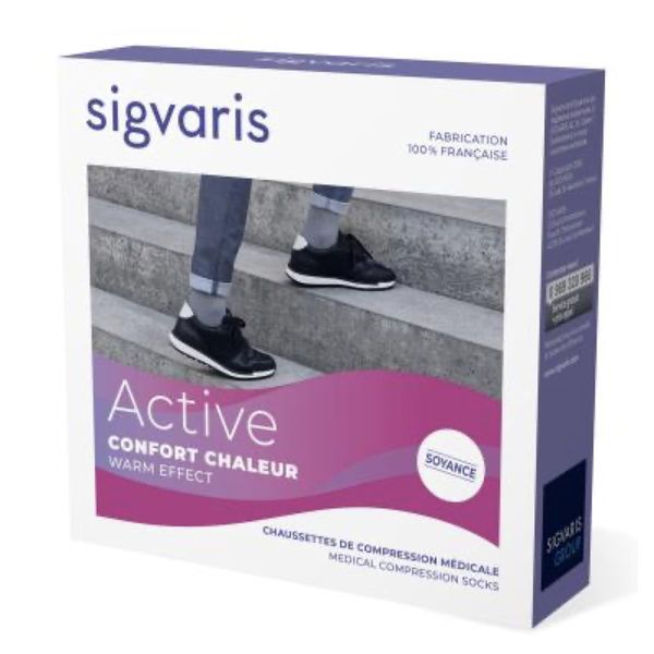 SIGVARIS 2 ACTIVE CONFORT CHALEUR Chaussette médicale de compression classe 2, en soie, pour femme, plume, normal, Xlarge (ref. 302951), paire
