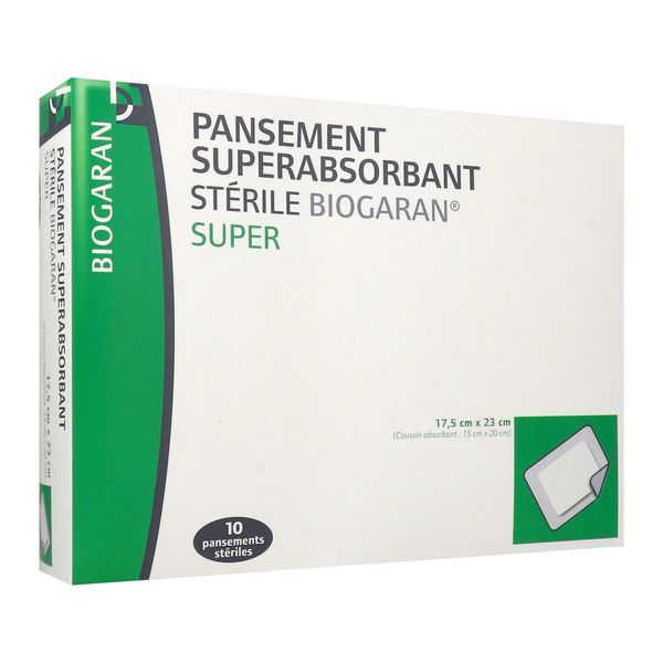 BIOGARAN PANSEMENT SUPERABSORBANT SUPER Pansement hydrocellulaire superabsorbant, bord adhésif, stérile, 17,5 cm x 23 cm (ref. 061327), bt 10