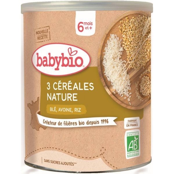 Babybio Trois céréales Nature, Blé, Avoine, Riz BIO - dès 6 mois - 220 g