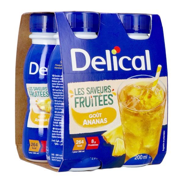 DELICAL LES SAVEURS FRUITEES Denrée alimentaire destinée à des fins médicales spéciales, goût ananas, 200 ml x 4