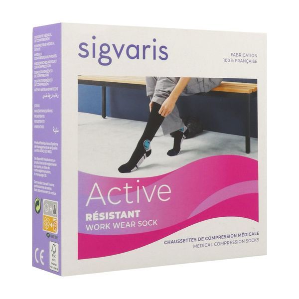 SIGVARIS 2 ACTIVE RESISTANT Chaussette médicale de compression classe 2, renforcée, pour femme, noir, long, small (ref. 307245), paire