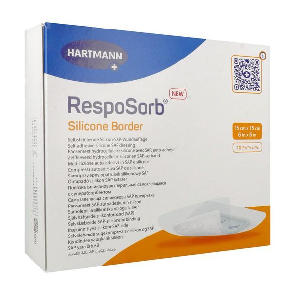 RESPOSORB SILICONE BORDER Pansement hydrocellulaire, interface siliconée et bords adhésifs, carré, 15 cm x 15 cm (ref. 413003), bt 10