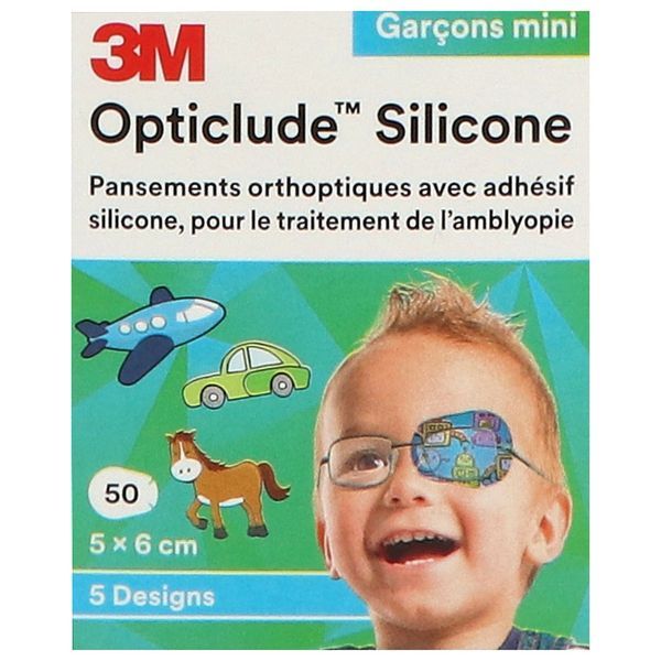 OPTICLUDE SILICONE 3M DESIGN BOY MINI Pansement orthoptique occlusif, petit modèle, décor garçon, bt 50