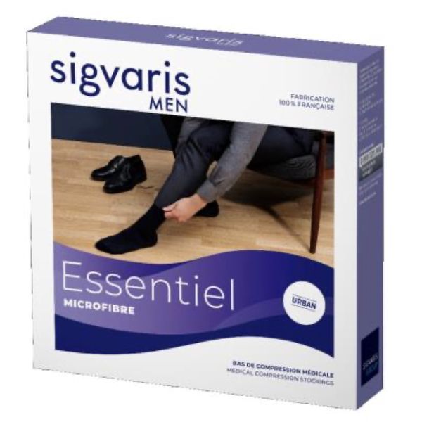 SIGVARIS 2 ESSENTIEL MICROFIBRE MEN Bas cuisse médical de compression classe 2, en fibre Nilit, pied ouvert, noir, long, large (ref. 303143), paire