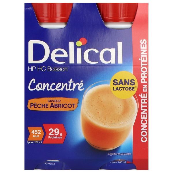 DELICAL CONCENTRE SANS LACTOSE BOISSON HP HC Denrée alimentaire destinée à des fins médicales spéciales, pêche abricot, 200 ml x 4