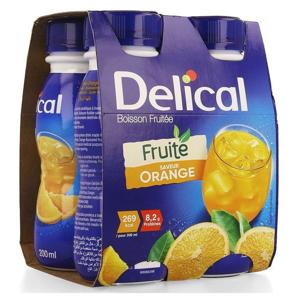 DELICAL LES SAVEURS FRUITEES Denrée alimentaire destinée à des fins médicales spéciales, goût orange, 200 ml x 4