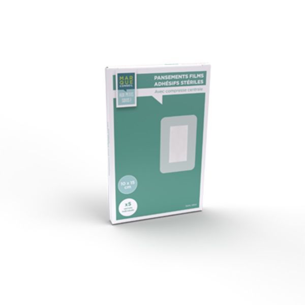MARQUE CONSEIL FILMS ADHESIFS STERILES Pansement film adhésif avec compresse centrale, semiperméable, stérile, 10 cm x 15 cm, bt 5