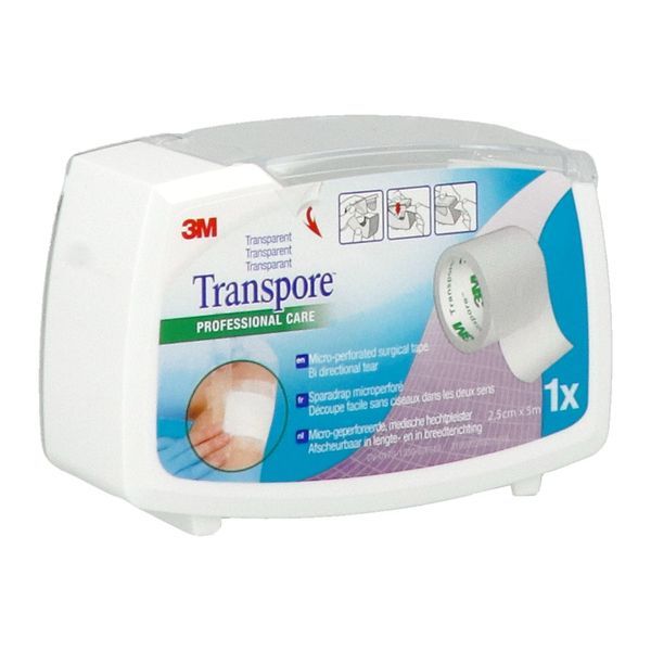 TRANSPORE Sparadrap plastique microperforé, hypoallergénique, 5 m x 25 mm, dévidoir (ref. 1527/3), unité