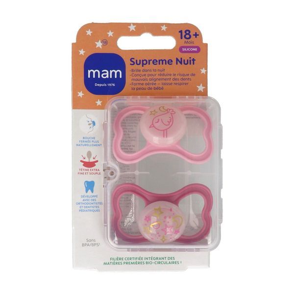 MAM SUPREME SUCETTE NUIT + 18 MOIS Sucette anatomique de nuit, téterelle silicone N° 38, blister 2
