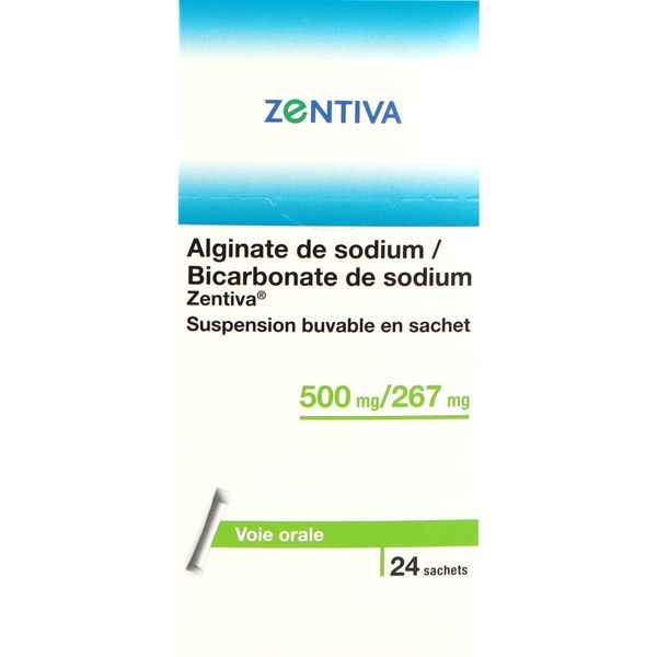 ALGINATE DE SODIUM BICARBONATE DE SODIUM ZENTIVA Suspension buvable 500 mg/267 mg, boîte 24 sachets 10 ml