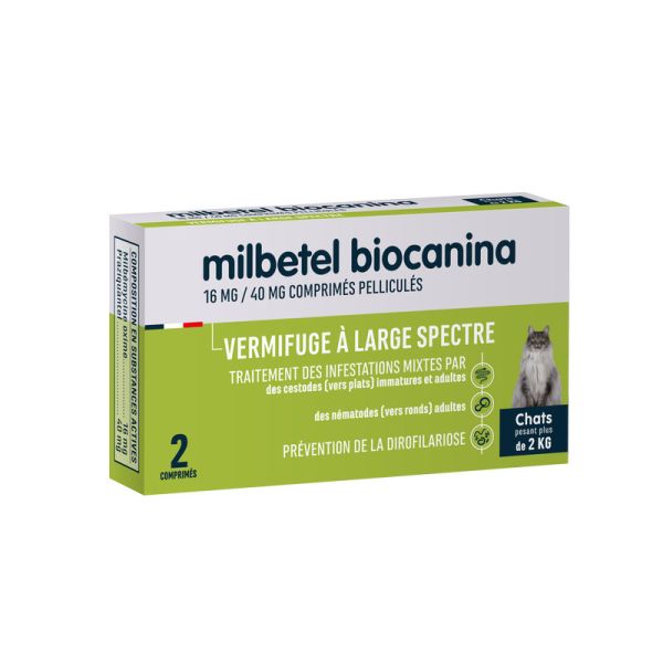 BIOCANINA VERMIFUGE MILBETEL CHAT Comprimé pelliculé sécable antiparasitaire, endectocide, chat, bt 2