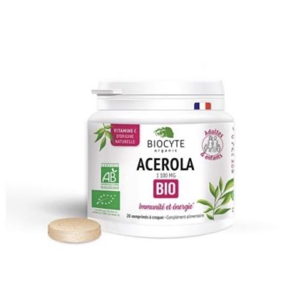 BIOCYTE ACEROLA 1100 MG BIO Comprimé à croquer, complément alimentaire à base d'acérola, Pot 20