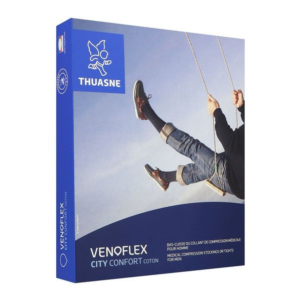 VENOFLEX 2 CITY CONFORT COTON Bas cuisse médical de compression classe 2, antiglisse, pour homme, bleu navy, normal, taille 2, paire