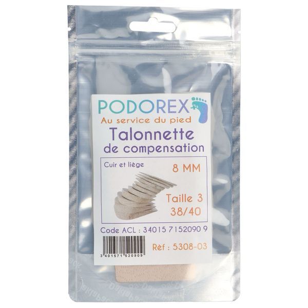 PODOREX TALONNETTE DE COMPENSATION Talonnette de compensation en liège caoutchouc résistant, 8 mm, taille 3, pointure 38 - 40, unité