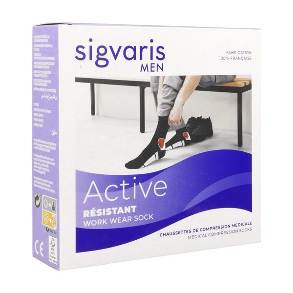 SIGVARIS 2 ACTIVE RESISTANT MEN Chaussette médicale de compression classe 2, renforcée, pour homme, noir, normal, small (ref. 307249), paire