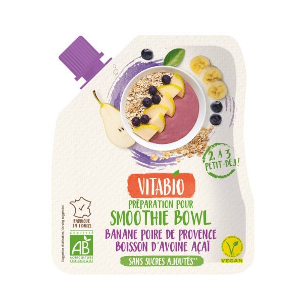 Vitabio Base pour smoothie bowl Banane Poire de Provence Avoine Acai BIO - 350 g