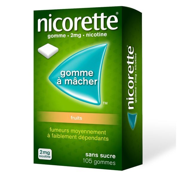 NICORETTE FRUITS SANS SUCRE Gomme à mâcher médicamenteuse 2 mg, boîte 105
