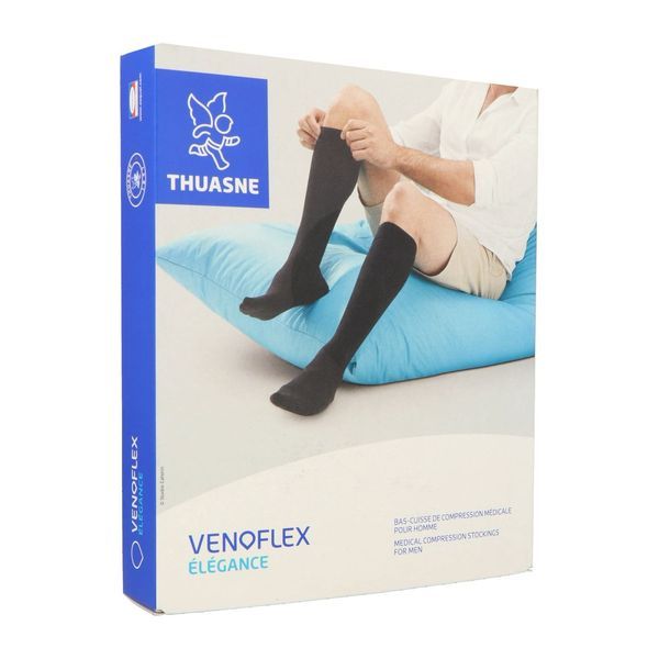 VENOFLEX 2 ELEGANCE Bas cuisse médical de compression antiglisse classe 2, côtelé, pour homme, beige, long, taille 3, paire