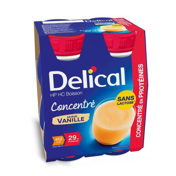 DELICAL CONCENTRE SANS LACTOSE BOISSON HP HC Denrée alimentaire destinée à des fins médicales spéciales, vanille, 200 ml x 4