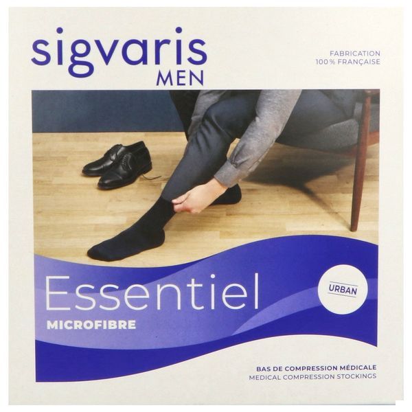 SIGVARIS 2 ESSENTIEL MICROFIBRE MEN MOINS Bas cuisse médical de compression classe 2, fibre Nilit, cuisse fine, gris clair, long, medium (ref. 303133), paire