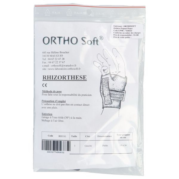RHIZORTHESE ORTHOSOFT Orthèse de poignet pouce statique d'immobilisation, gauche, taille 1 (ref. RH11G), unité