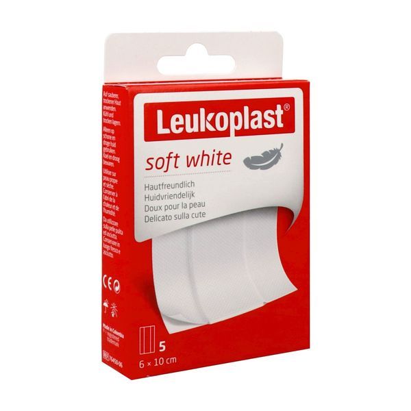 LEUKOPLAST SOFT WHITE Pansement adhésif extensible, hypoallergénique, prédécoupé en bande de 10 cm, 10 cm x 6 cm (ref. 76450-06), bt 5