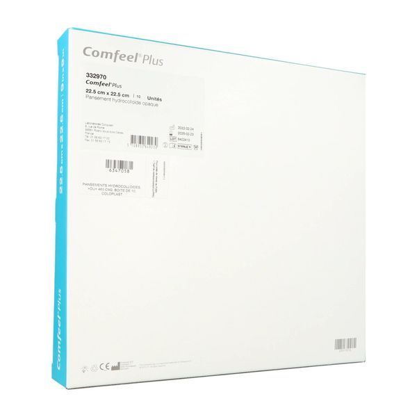 COMFEEL PLUS OPAQUE Pansement hydrocolloïde opaque, semiperméable, stérile, 22,5 cm x 22,5 cm (ref. 332970), bt 10