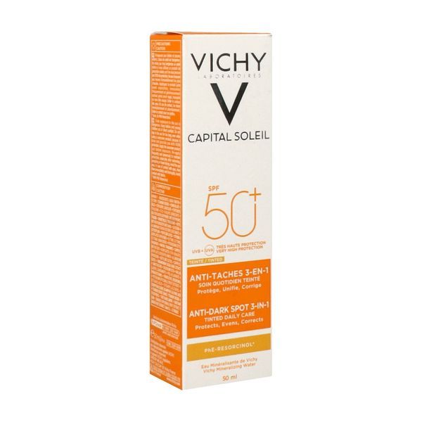 VICHY CAPITAL SOLEIL SOIN ANTITACHES TEINTE SPF 50+ BB crème solaire teintée 3 en 1, très haute protection, SPF 50+, tube 50 ml