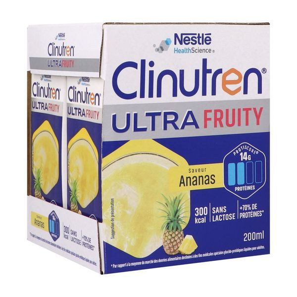 CLINUTREN ULTRA FRUITY Denrée alimentaire destinée à des fins médicales spéciales, saveur ananas, 200 ml x 4