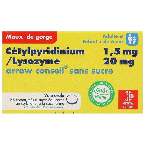 CETYLPYRIDINIUM LYSOZYME ARROW CONSEIL SANS SUCRE Comprimé à sucer 1,5 mg/20 mg, boîte 2 tubes 18