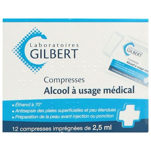 ALCOOL A USAGE MEDICAL GILBERT Compresse imprégnée 2,5 ml, boîte 12 sachets 1 compresse imprégnée à 2,5 ml