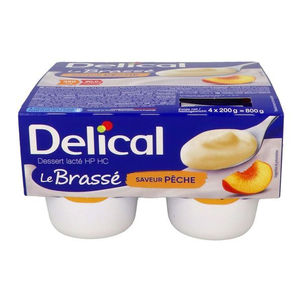 DELICAL LE BRASSE DESSERT LACTE HP HC Denrée alimentaire destinée à des fins médicales spéciales, saveur pêche, 200 g x 4
