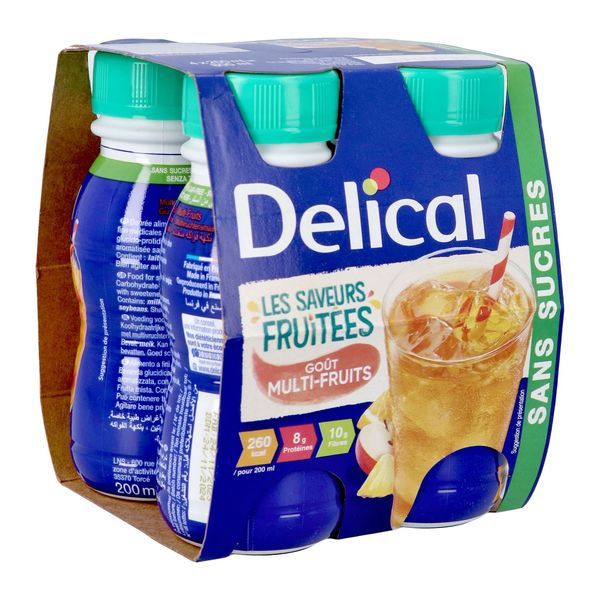 DELICAL LES SAVEURS FRUITEES BOISSON SANS SUCRES Denrée alimentaire destinée à des fins médicales spéciales, goût multi-fruits, 200 ml x 4