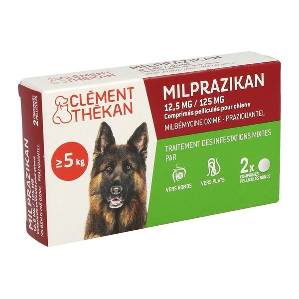 MILPRAZIKAN CHIEN 12,5 MG/125 MG CLEMENT THEKAN Comprimé pelliculé sécable, antiparasitaire, endectocide, chien, bt 2