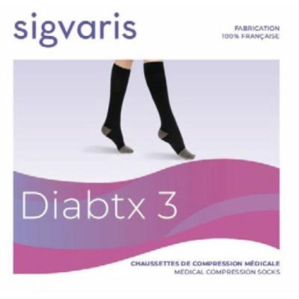 SIGVARIS 3 DIABTX Chaussette médicale de contention pour patient diabétique, femme, noir, normal, Xlarge (ref. 308201), paire