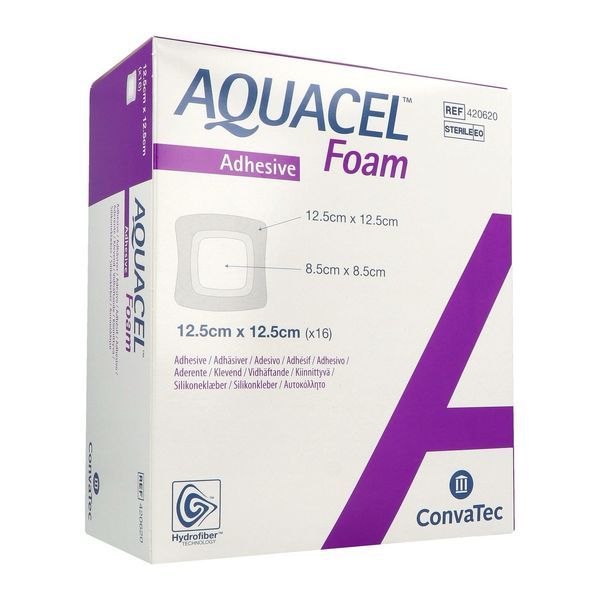 AQUACEL FOAM Pansement hydrocellulaire issu de la Technologie hydrofiber, adhésif siliconé, 12,5 cm x 12,5 cm (ref. 420620), bt 16