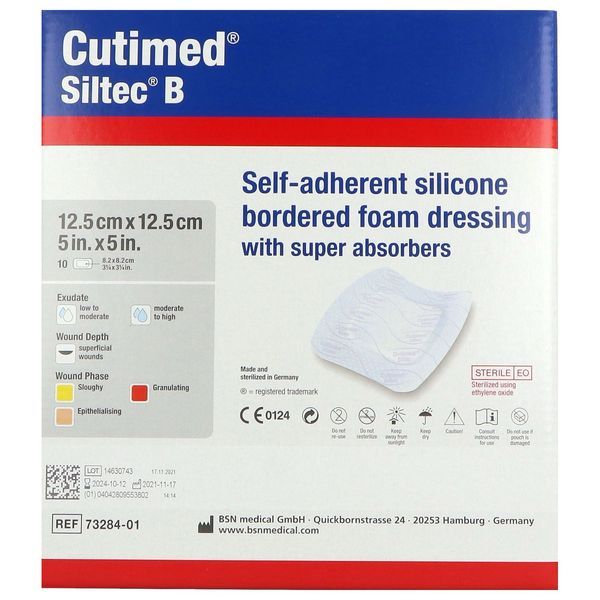 CUTIMED SILTEC B Pansement hydrocellulaire à bord adhésif, stérile, très absorbant, 12,5 cm x 12,5 cm (ref. 73284-1), bt 10