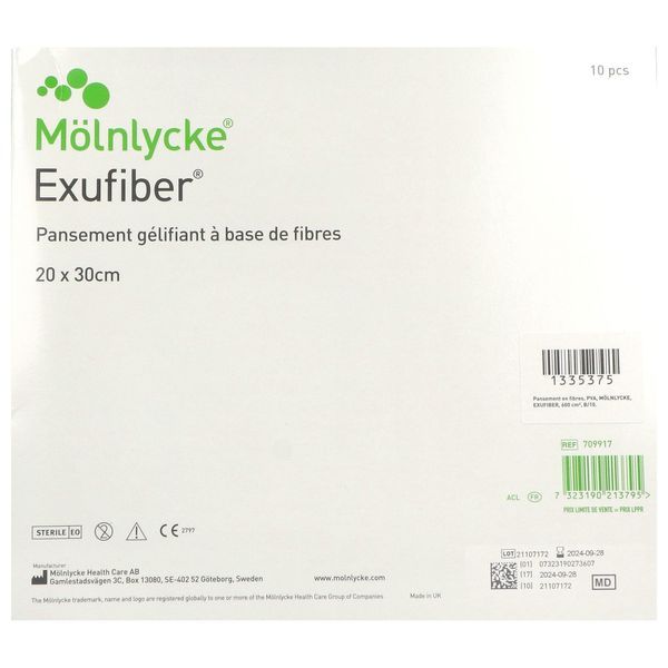 EXUFIBER Compresse, pansement gélifiant à base de fibre, stérile, 20 cm x 30 cm (ref. 709917), bt 10