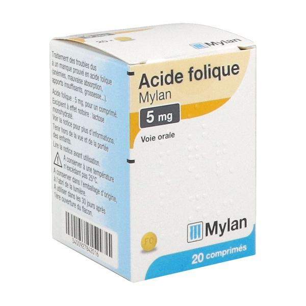 ACIDE FOLIQUE MYLAN Comprimé 5 mg, flacon 20