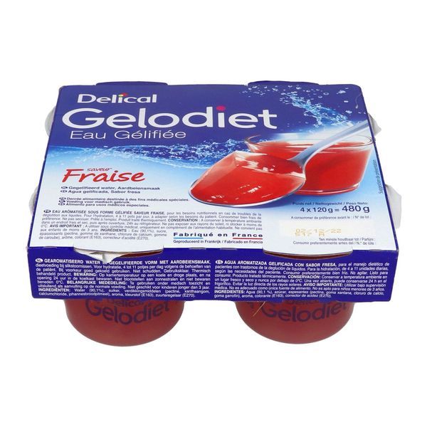 DELICAL GELODIET EAUX GELIFIEES Denrée alimentaire destinée à des fins médicales spéciales, saveur fraise, 120 g x 4