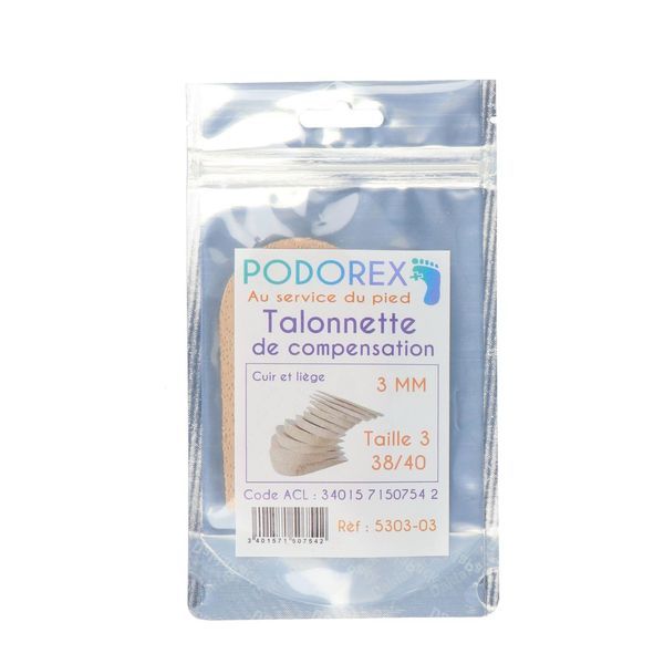 PODOREX TALONNETTE DE COMPENSATION Talonnette de compensation en liège caoutchouc résistant, 3 mm, taille 3, pointure 38 - 40, unité