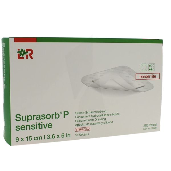 SUPRASORB P SENSIFLEX BORDER LITE Pansement hydrocellulaire siliconé, stérile, bord adhésif, 9 cm x 15 cm (ref. 401123), bt 10
