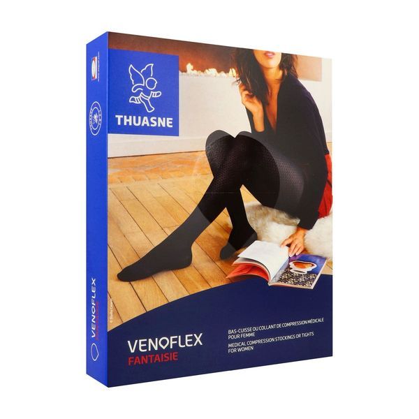 VENOFLEX 2 OGEE Bas cuisse médical de compression autofix, classe 2, fantaisie, noir, long, taille 3, paire