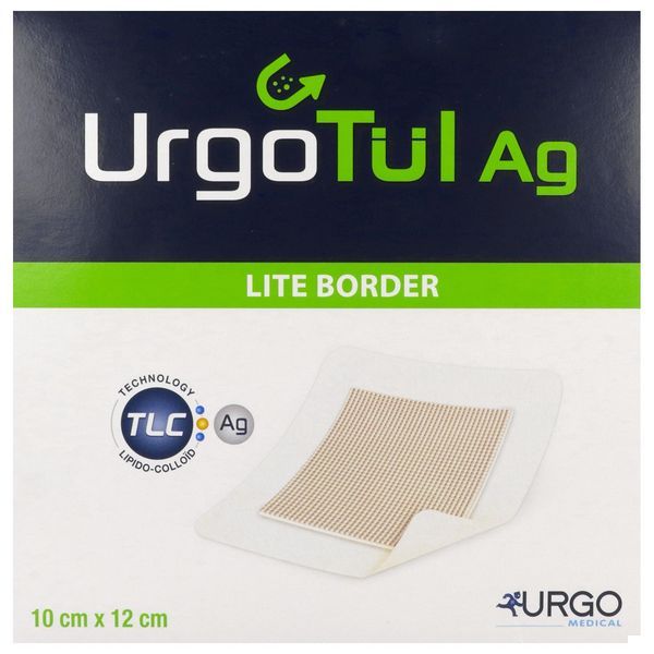 URGOTUL AG LITE BORDER Interface lipido-colloïde adhésive et absorbante, imprégnée de sels d'argent, 10 cm x 12 cm (ref. 504936), bt 10