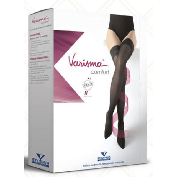VARISMA 2 COMFORT Bas cuisse médical de compression, autofix classe 2, pour femme, noir, court, taille 0, paire