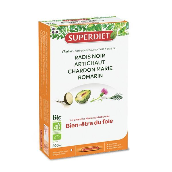 Superdiet Quatuor Digestion Bio : radis noir, artichaut, chardon marie, romarin - 20 ampoules