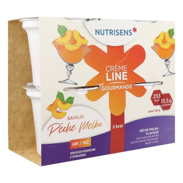 NUTRISENS CREMELINE GOURMANDE HP HC 2 KCAL Denrée alimentaire destinée à des fins médicales spéciales, saveur pêche melba, 125 g x 4