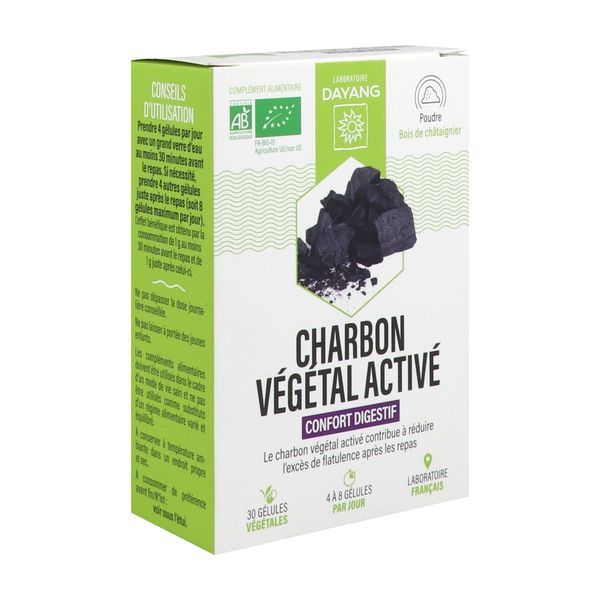 DAYANG PLANTE UNITAIRE BIO CHARBON VEGETAL ACTIVE Gélule, complément alimentaire à base de charbon végétal activé, bt 30