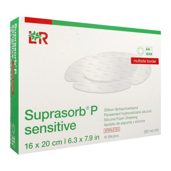 SUPRASORB P SENSITIVE MULTISITE BORDER Pansement hydrocellulaire siliconé, adhésif, stérile, 16 cm x 20 cm (ref. 142076), bt 10